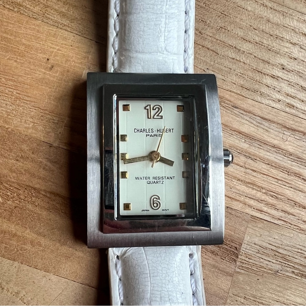Charles Hubert Paris ladies rectangular white leather dress watch NEW BATTERY